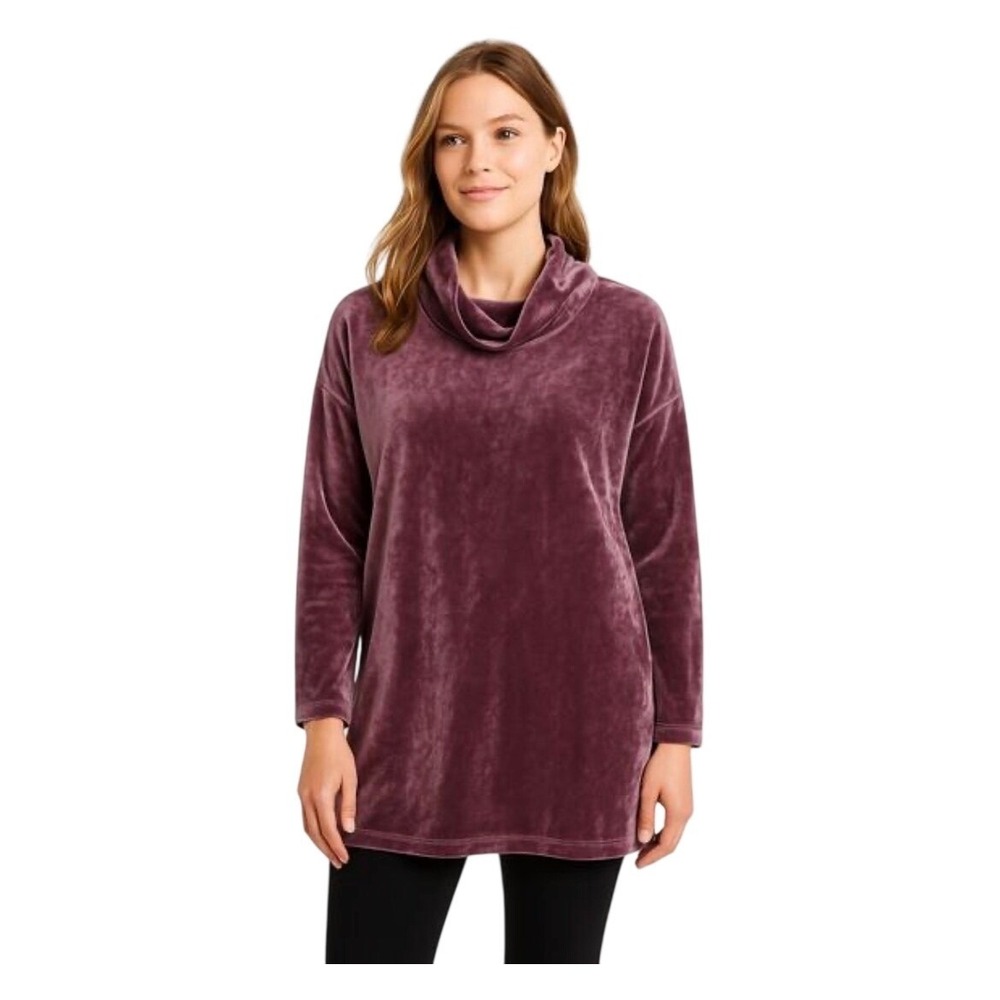 New J Jill Pure Jill Womens Crushed Velour Cowl Neck Tunic Top Purple size Large